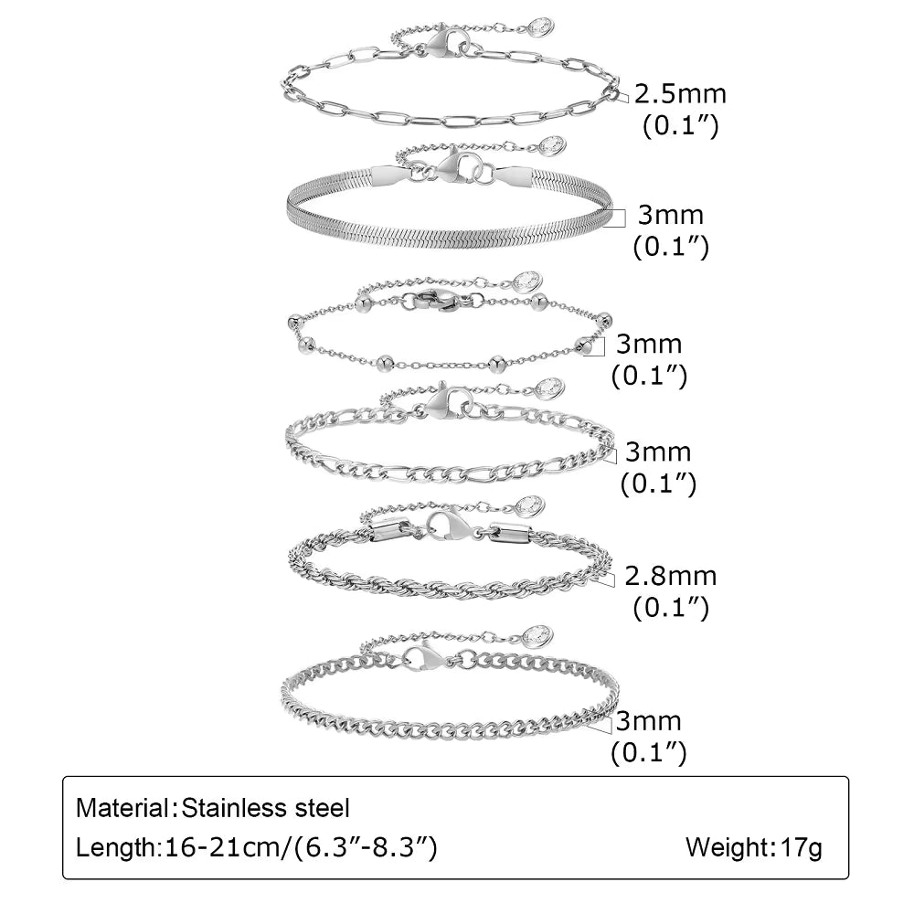 Set of stainless steel bracelets with measurements and material details on a white background